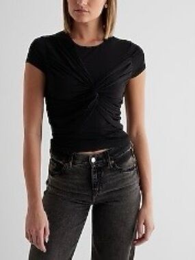 Express Black Body Contour Compression Crew Neck Cropped Twist-Front Tee